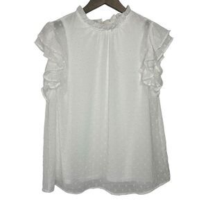 Spense Swiss Dot Blouse Womens Medium White Flutter Sleeve Sheer Ruffle Top